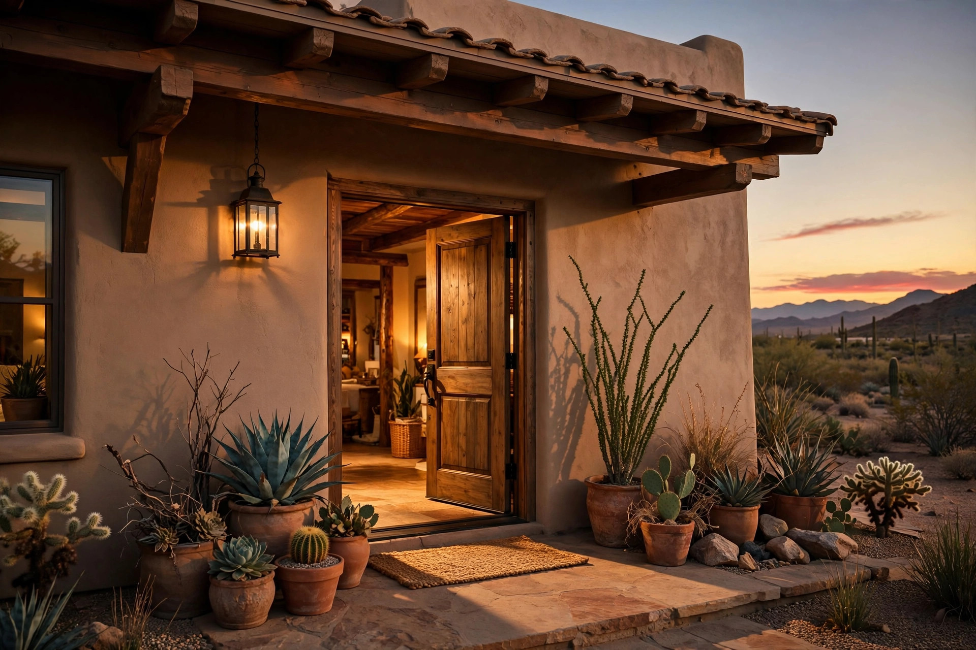 Welcoming front porch of an Arizona desert home at golden hour with the door open
