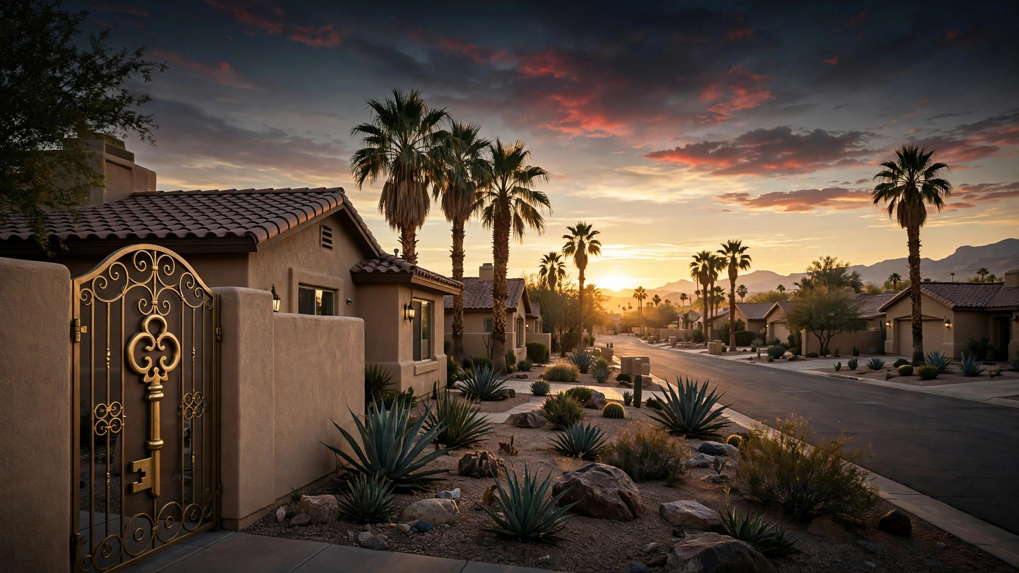 Yuma Arizona neighborhood at sunrise with a golden key on the gate