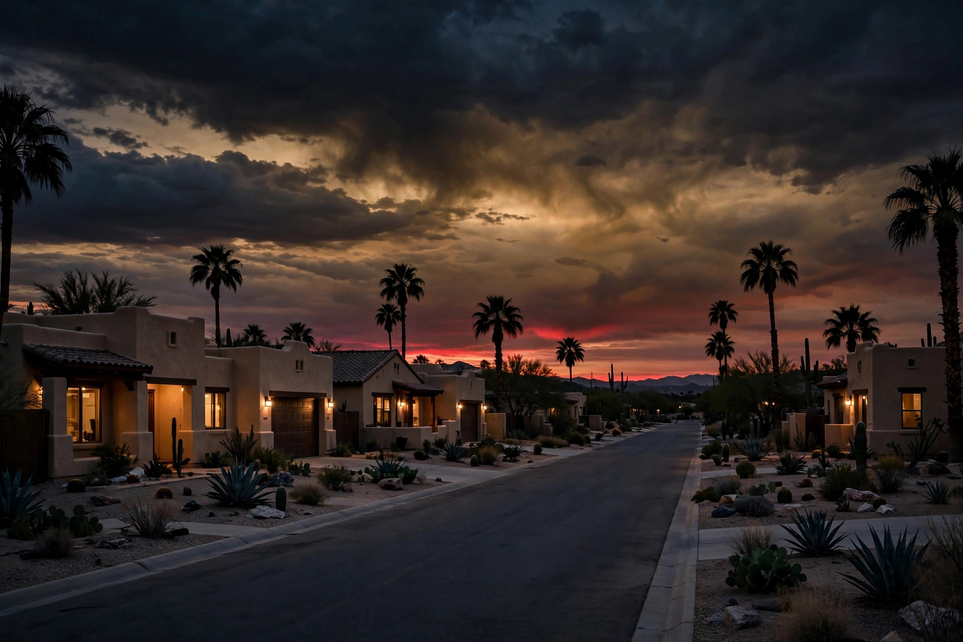 Desert suburban street in Yuma Arizona at dusk with glowing home windows