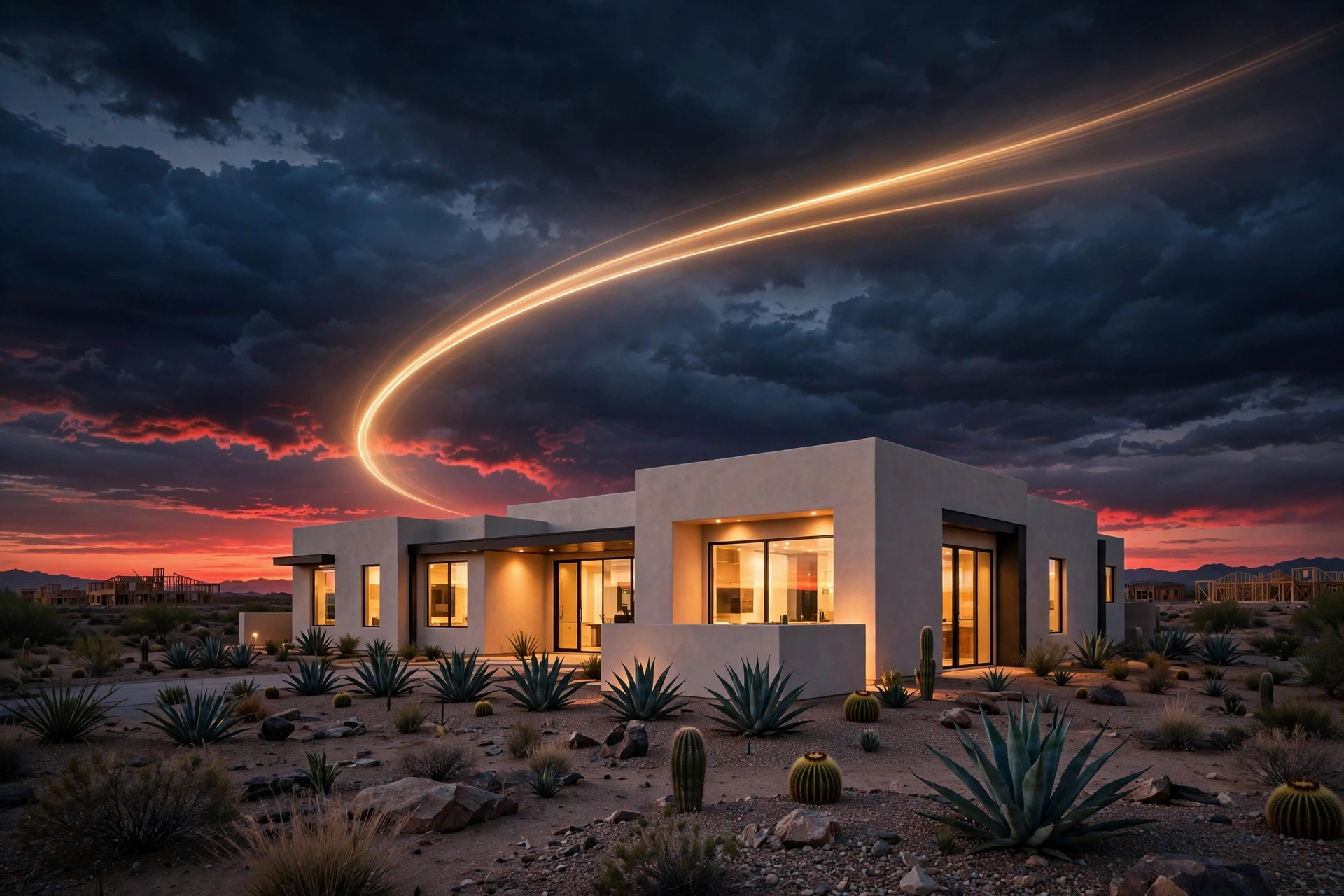 Brand-new desert home in Yuma Arizona at dusk with glowing windows and a ribbon of gold light above it