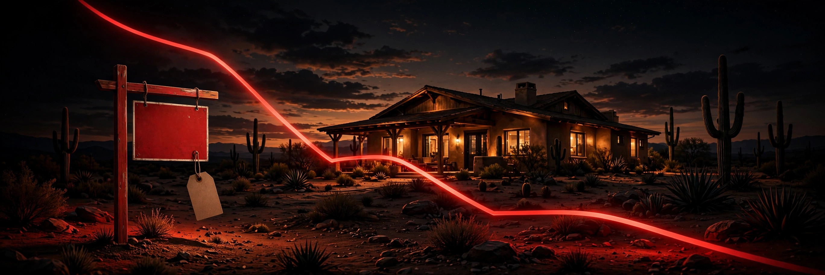 Ilustración de la marca con un letrero rojo de venta y una línea de tendencia descendente frente a una casa del desierto al atardecer