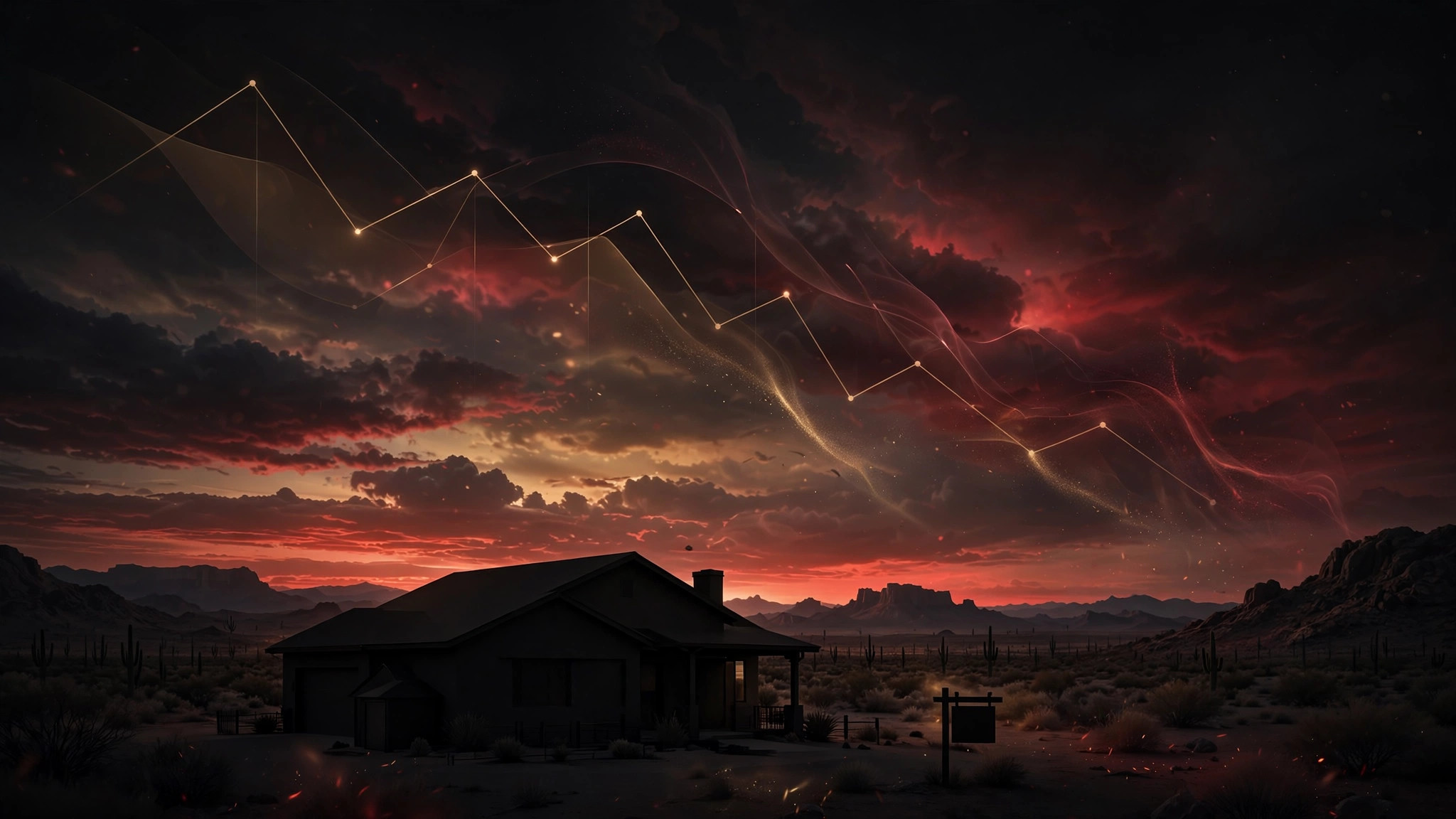 Desert home in Yuma Arizona under a dramatic sky with a declining market trend line